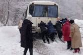 На Закарпатье женщины вытолкали автобус, застрявший в сугробах у обрыва (видео)