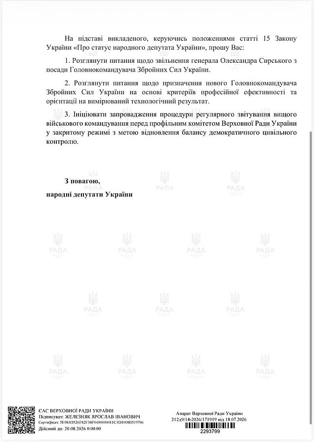 Нардепы собирают подписи за обращение к Зеленскому по поводу увольнения Сырского Нардепы собирают подписи за обращение к Зеленскому по поводу увольнения Сырского