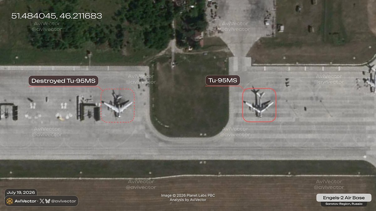 Спутниковые снимки подтвердили уничтожение российского Ту-95МС на авиабазе «Энгельс-2» Спутниковые снимки подтвердили уничтожение российского Ту-95МС на авиабазе «Энгельс-2»