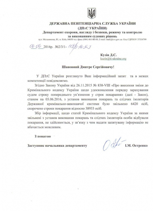 По «Закону Савченко» из тюрем досрочно вышло 6420 человек