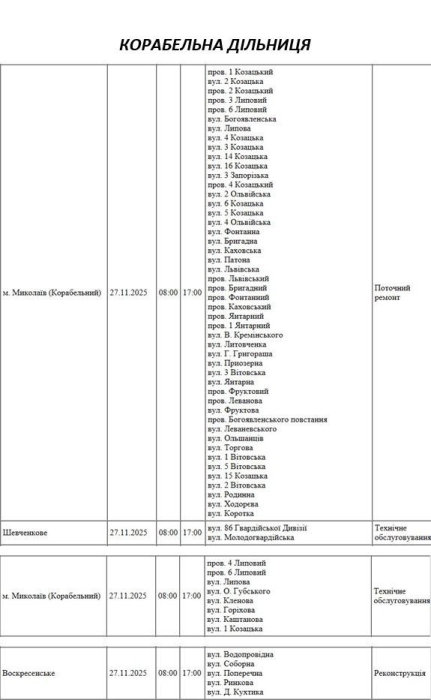 Отключение света из-за ремонта: какие улицы Николаева будут обесточены 27 ноября