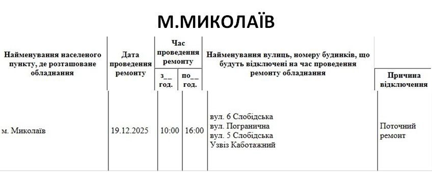 Відключення світла через ремонт: які вулиці Миколаєва буде знеструмлено 19 грудня Відключення світла через ремонт: які вулиці Миколаєва буде знеструмлено 19 грудня