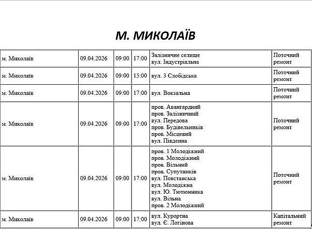 Отключение света из-за ремонта: какие улицы Николаева будут обесточены 9 апреля Отключение света из-за ремонта: какие улицы Николаева будут обесточены 9 апреля