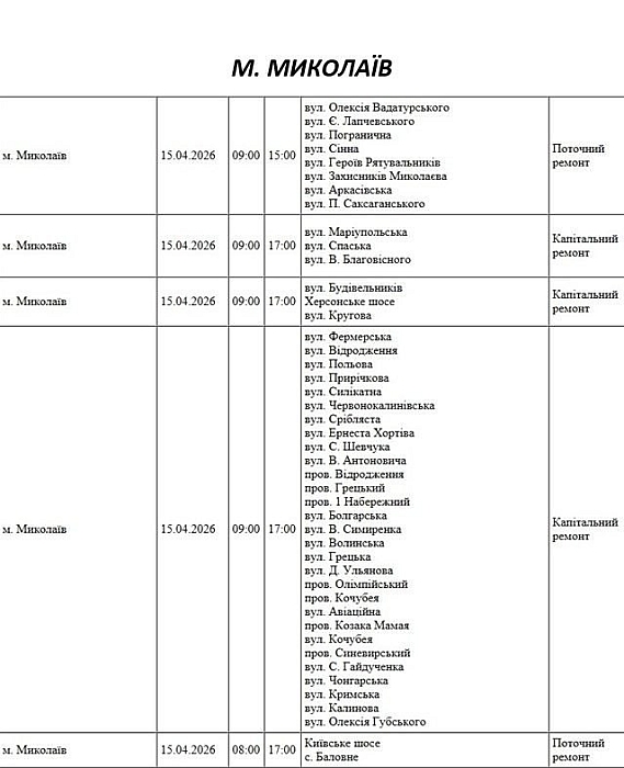 Відключення світла через ремонт: які вулиці Миколаєва буде знеструмлено 15 квітня Відключення світла через ремонт: які вулиці Миколаєва буде знеструмлено 15 квітня