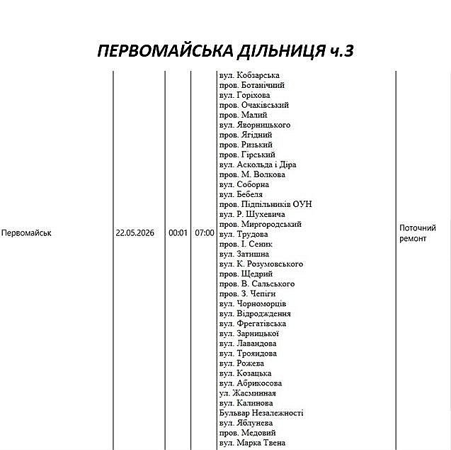 Планові відключення світла у Миколаєві та області на 22 травня
