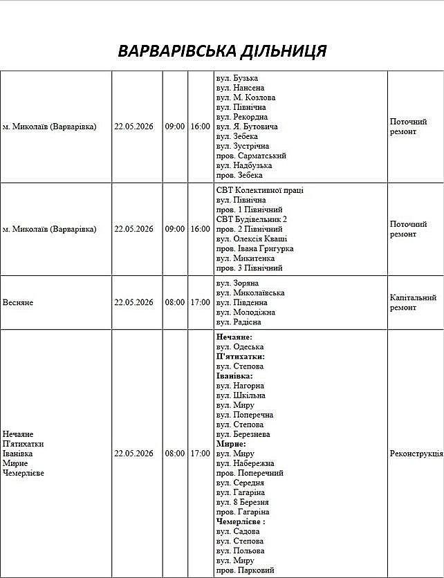 Планові відключення світла у Миколаєві та області на 22 травня