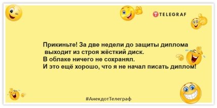 Анекдоты про студентов - Прикиньте! За две недели до защиты диплома выходит из строя жёсткий диск. В облаке ничего не сохранял. И это ещё хорошо, что я не начал писать диплом!