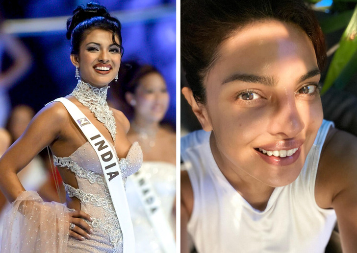 Collage of Priyanka Chopra, на лівій, спрямованої India в Miss World 2000 і, на правий, поточний photo of her without make-up.