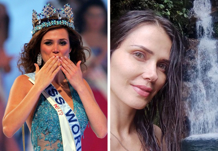 Miss Peru маючи її порчу Miss World і blue sequin dress на лівій і на правій, selfie of her в поточні дні.