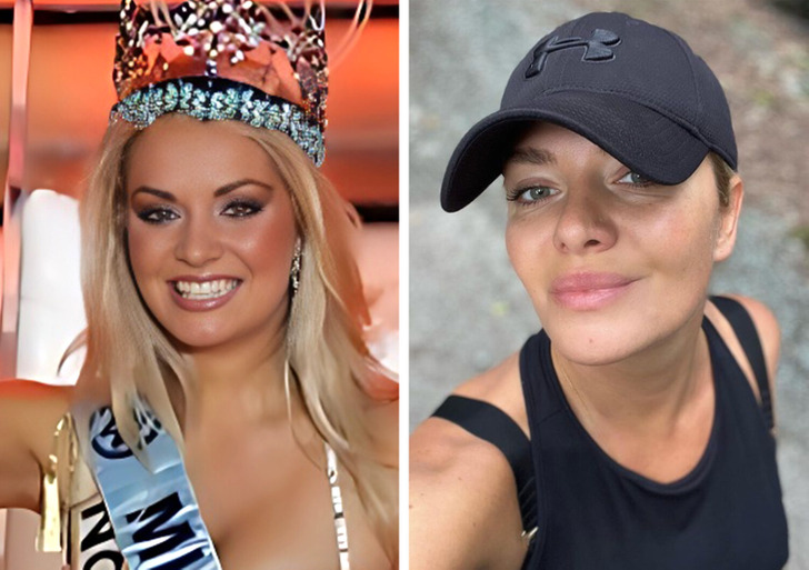 A blonde Miss їсти її корону і сміючись для камери на лівому, і на правому, саму жінку в Makeup free selfie.