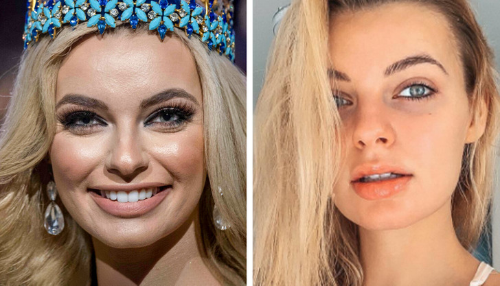 close-up of blonde Miss wearing її корону на лівій, і на правій, на саму жінку в Make-up free selfie.