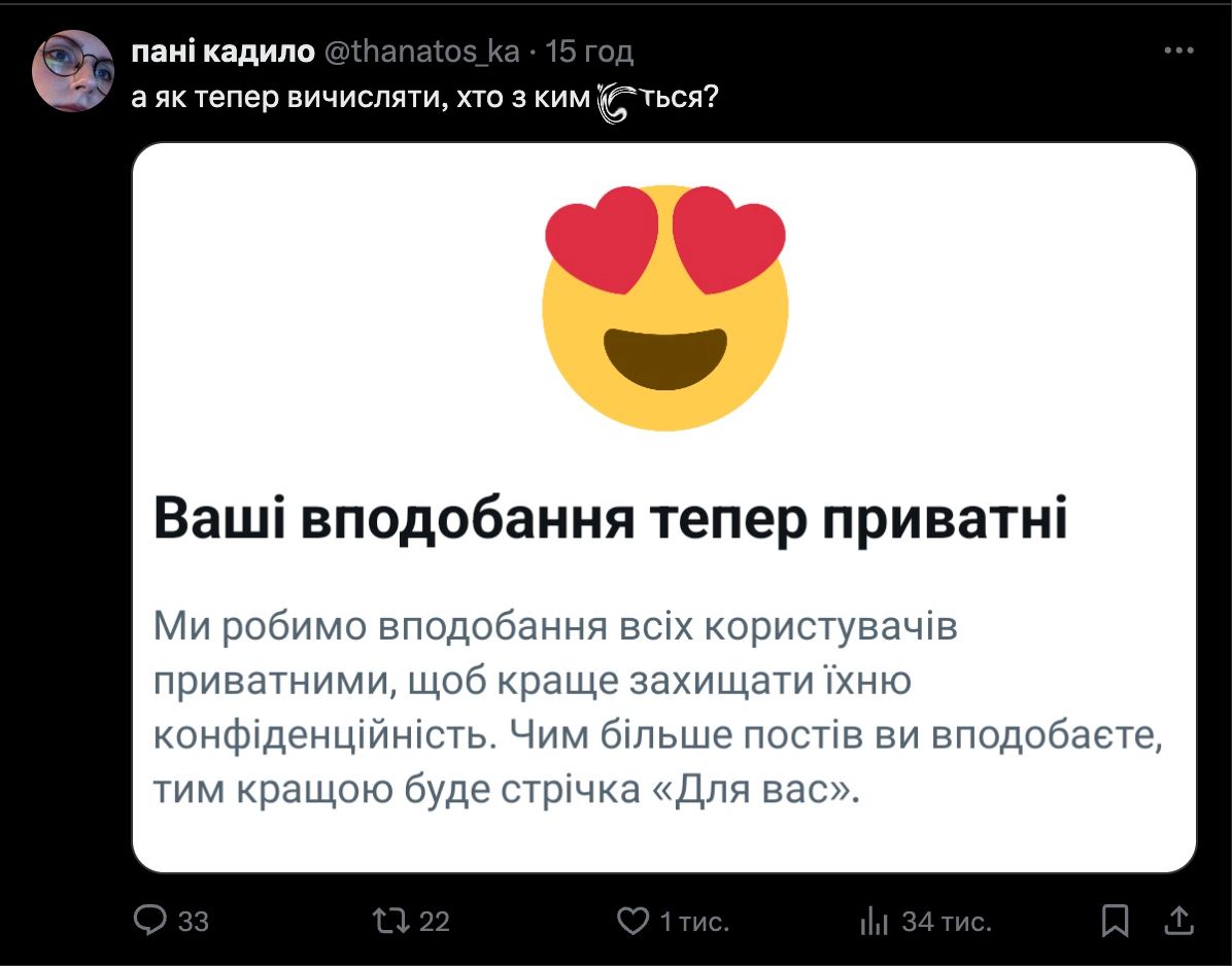 Соцмережа Х відтепер приховує вподобайки користувачів – мережа вибухнула мемами Соцмережа Х відтепер приховує вподобайки користувачів – мережа вибухнула мемами