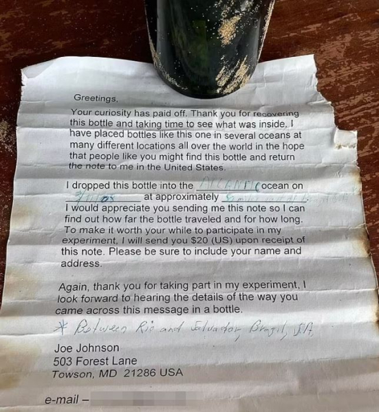 Записка, послання в пляшці Записка від пасажира круїзного лайнера, таємниче послання з минулого, курйози