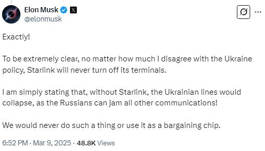 Маск: Starlink ніколи не вимкнуть в Україні Маск: Starlink ніколи не вимкнуть в Україні