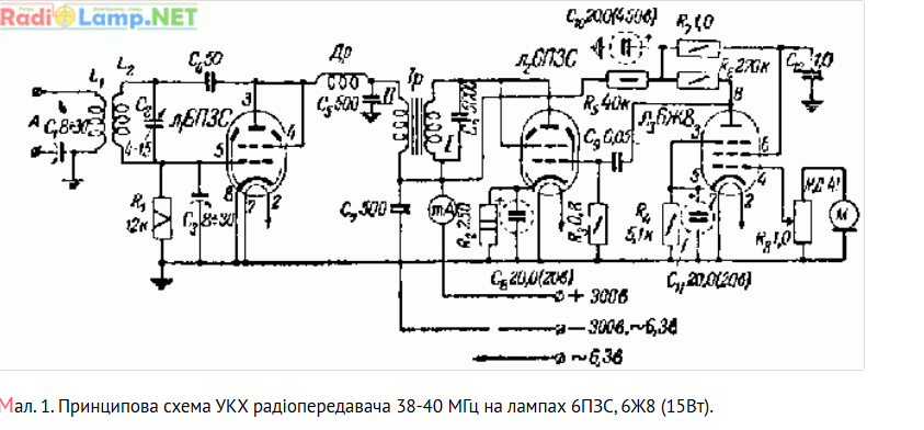 УКХ радіопередавач 38-40 МГц на лампах 6ПЗС, 6Ж8 УКХ радіопередавач 38-40 МГц на лампах 6ПЗС, 6Ж8