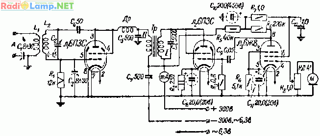 Принципова схема УКХ радіопередавача 38-40 МГц на лампах 6ПЗС, 6Ж8 (15Вт)