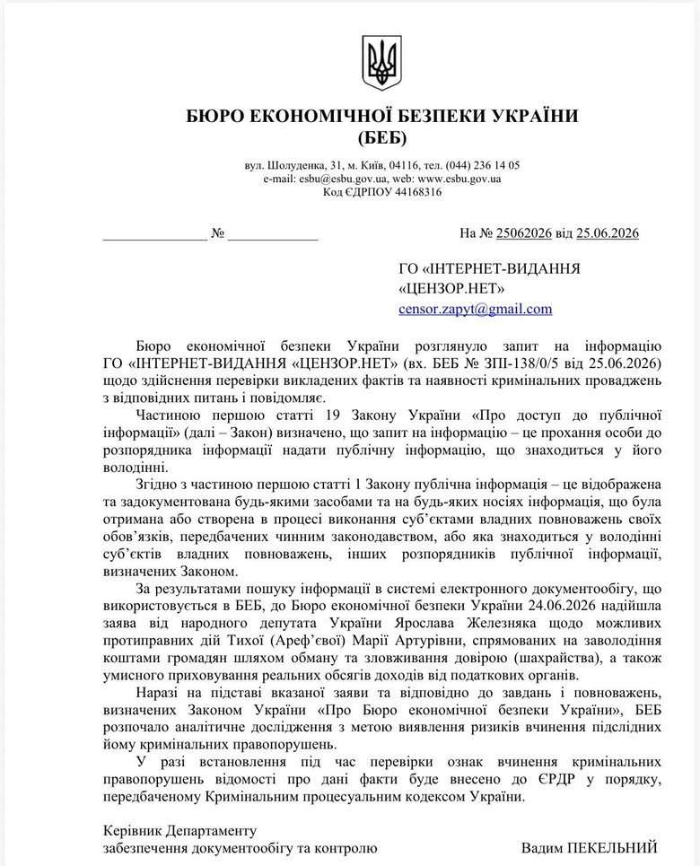 БЕБ перевірить доходи Марії Тихої
