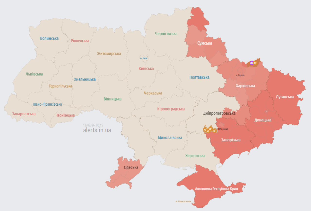 Мапа повітряних тривог в Україні станом на 00:15 12 серпня 2026 року (Фото: alerts.in.ua)