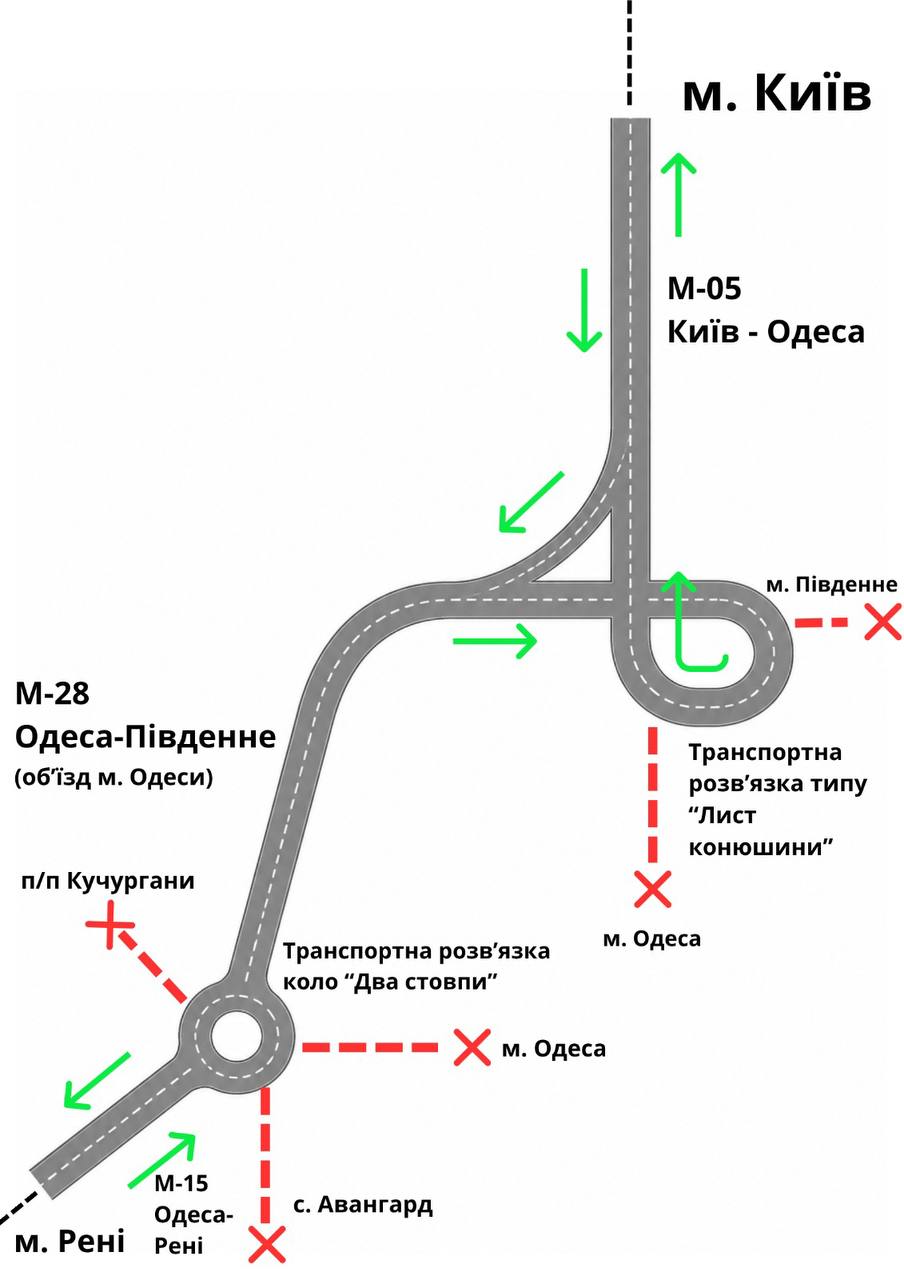 Схема роботи державних доріг в Одеській області після зняття обмежень комендантської години (Фото: Олег Кіпер / Telegram-канал)