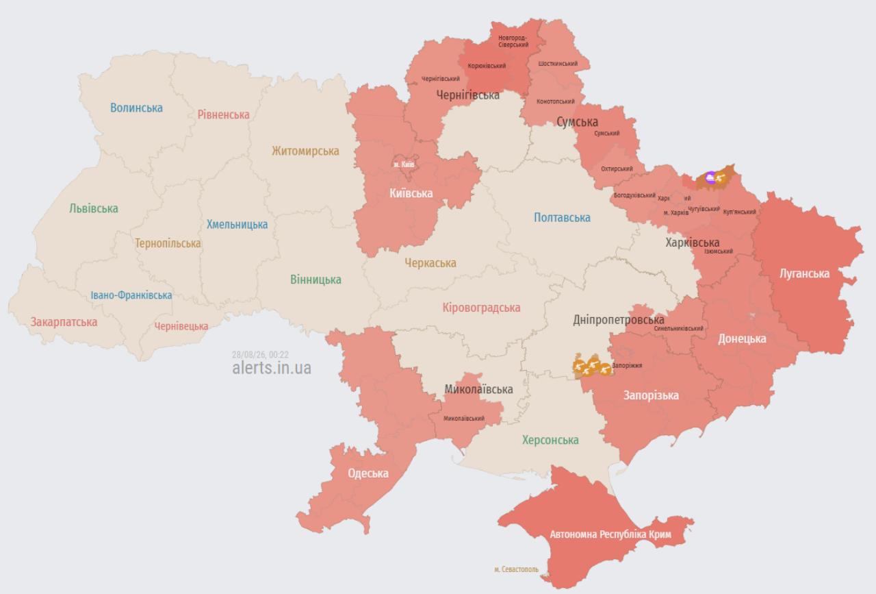 Мапа повітряних тривог в Україні станом на 00:22 28 серпня 2026 року (Фото: alerts.in.ua)