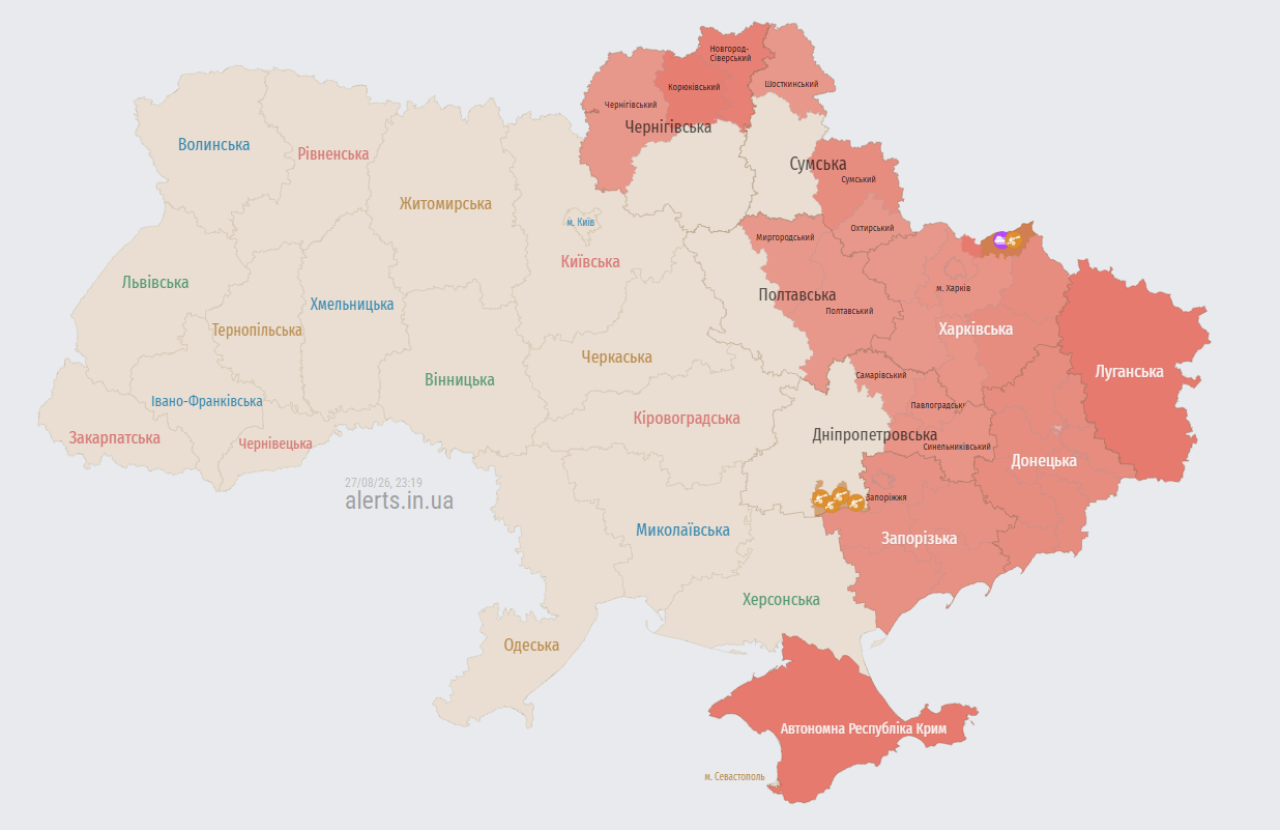 Мапа повітряних тривог в Україні станом на 23:19 27 серпня 2026 року (Фото: alerts.in.ua)