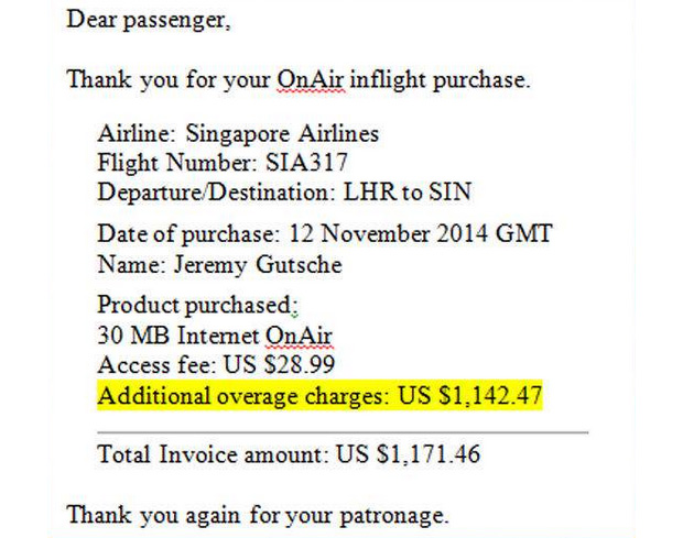 Singapore Airlines предъявила пассажиру счет за пользование Wi-Fi на $1171.46