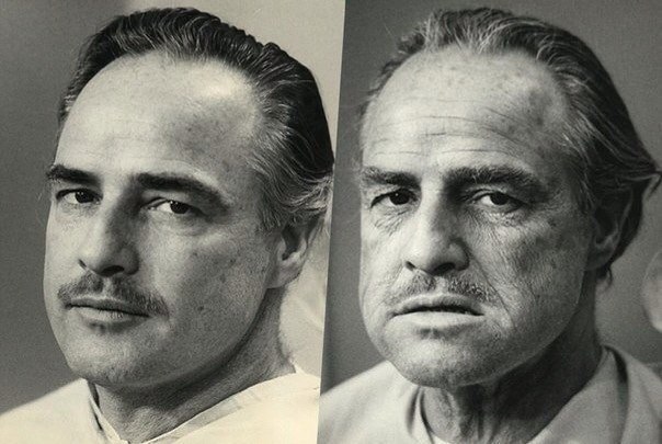 Марлон Брандо до и после грима на съемках фильма \"Крестный отец\", 1972 г. (фото)
