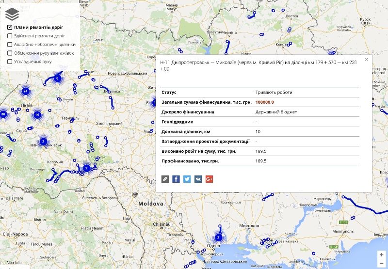 В Украине запустили интерактивную карту ремонта дорог