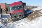 На Николаевщине 37-тонный грузовик еле вытащили на дорогу со скользкой обочины