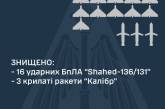 Вночі над Україною збили 16 ворожих «шахедів» та три «Калібри»