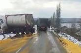 На трасі під Миколаєвом зіткнулися два сідельні тягачі: зерно висипалося на дорогу (відео)