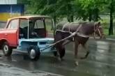 Лошадь тянет половину «Москвича» по улицам города. Видео