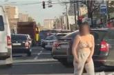 В Киеве по оживленной дороге гуляла полуобнаженная женщина (ВИДЕО) 