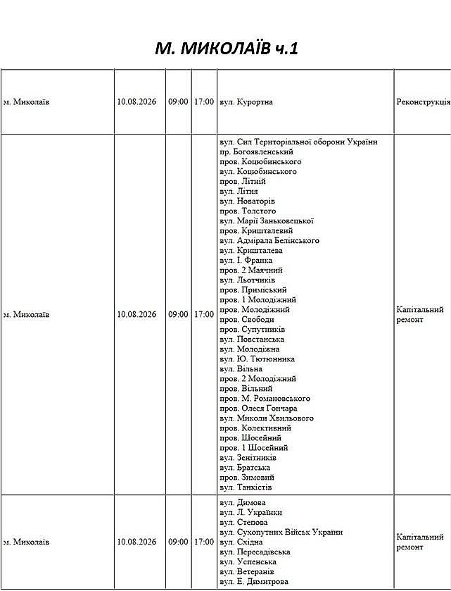 Где в Николаеве и области 10 августа будут отключать свет: адреса