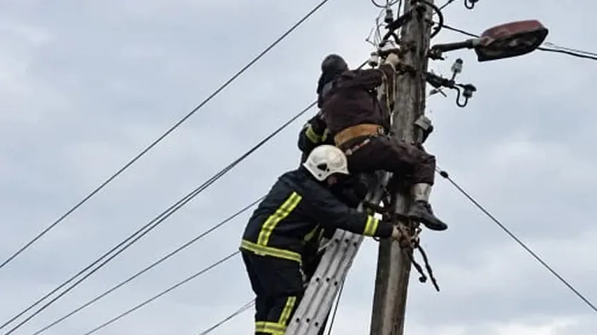 В Хмельницкой области мужчина по неизвестным причинам оказался на электроопоре: спасателям пришлось снимать его с высоты