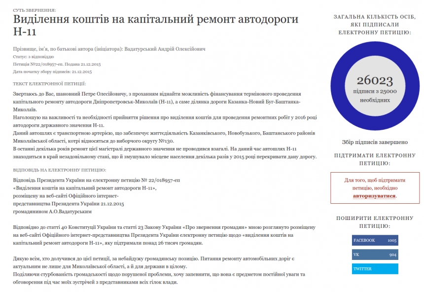 Порошенко ответил Вадатурскому на петиции о ремонте дороги Н-11