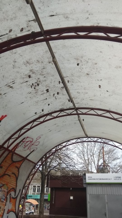 Николаевцы просят очистить крышу навеса остановки от чайных пакетиков. ФОТО