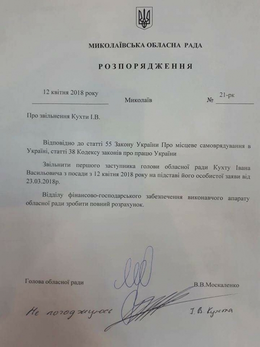 Иван Кухта обжалует в суде распоряжение главы Николаевского облсовета об его увольнении