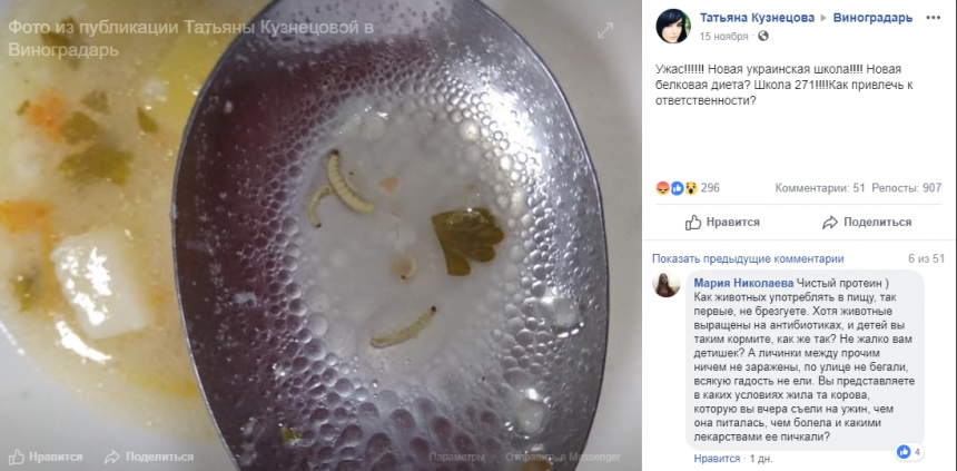 Киевские чиновники назвали фейком фото из школьной столовой с супом с червяками