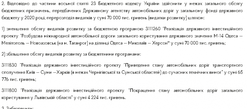 Кабмин забрал 70 млн с проекта строительства дороги «Одесса - Николаев - Херсон»