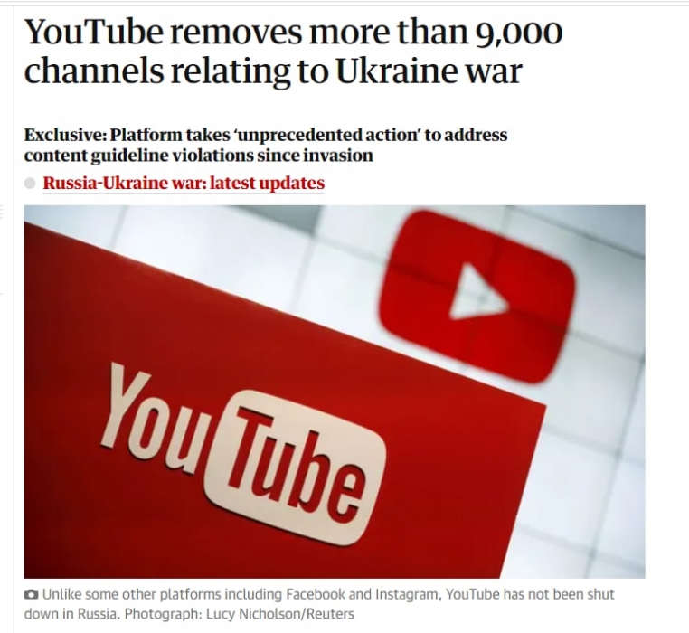 YouTube удалил более 9000 каналов из-за фейков о войне в Украине