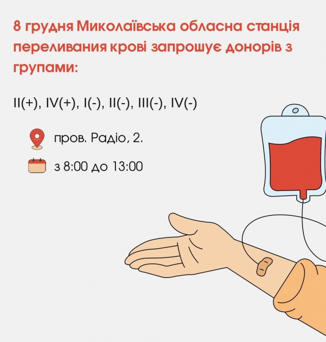 У Миколаєві запрошують донорів: потрібна кров усіх груп
