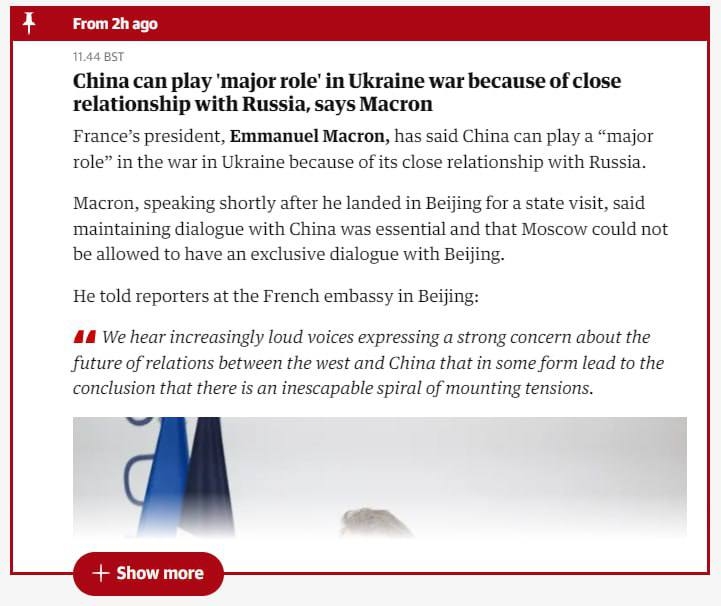 Макрон заявив, що Китай може відіграти «головну роль» у війні Росії та України