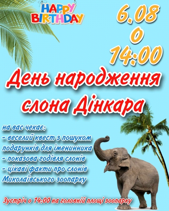 Миколаївський зоопарк запрошує відсвяткувати день народження слона Дінкара