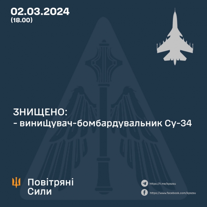 В ВСУ подтвердили сбитие еще одного российского бомбардировщика Су-34