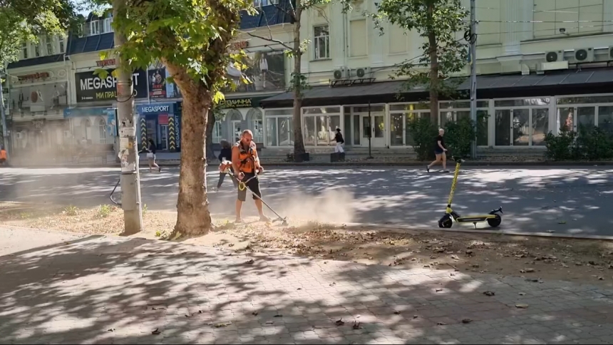 В центре Николаева в небывалую жару косят пыль и сухую траву (видео)