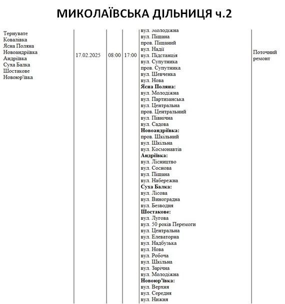 Де в Миколаєві та області 17 лютого відключатимуть світло (адреси)