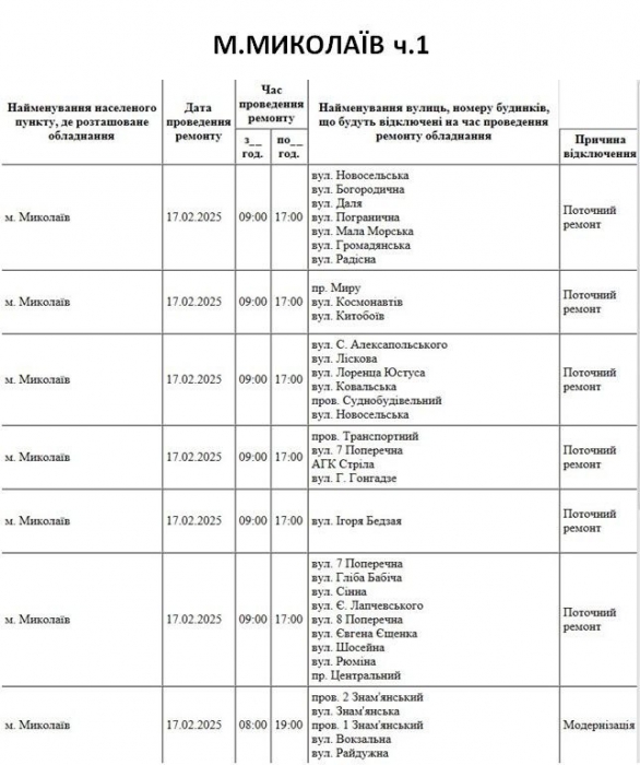 Де в Миколаєві та області 17 лютого відключатимуть світло (адреси)