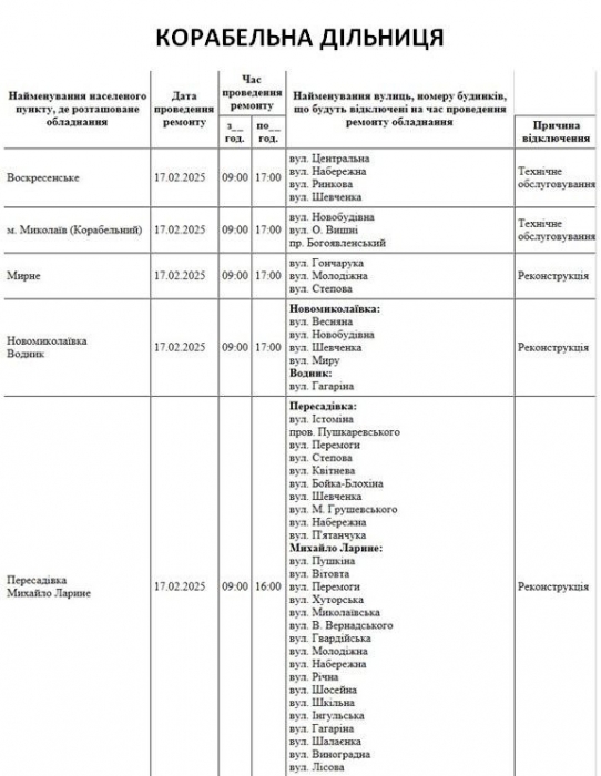 Де в Миколаєві та області 17 лютого відключатимуть світло (адреси)