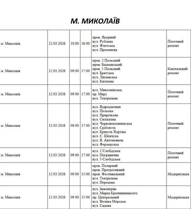 Завтра без света останется ряд адресов в Николаеве